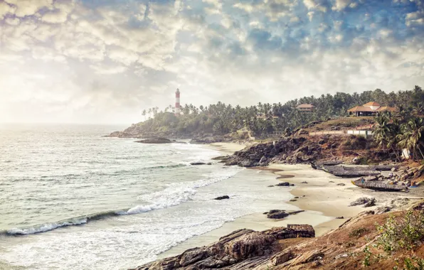 Картинка песок, море, деревья, берег, маяк, утро, Индия, прибой
