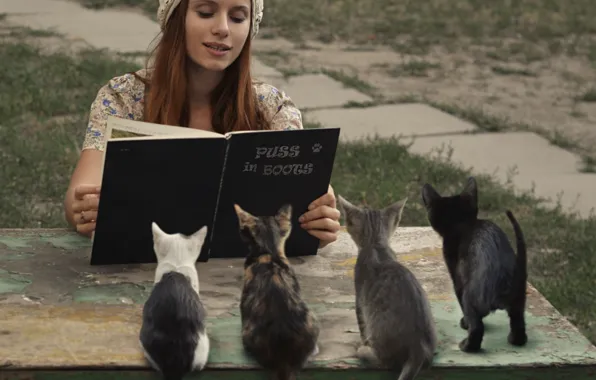 Девушка, котята, книга, Кот в сапогах, David Dubnitskiy