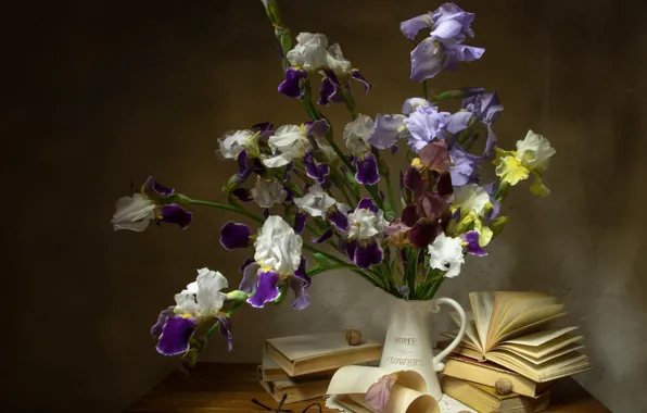Цветы, бумага, стол, книги, букет, весна, желтые, очки