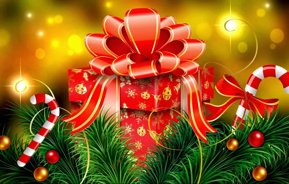 Украшения, подарок, елка, Новый Год, бант, боке, New Year, Happy