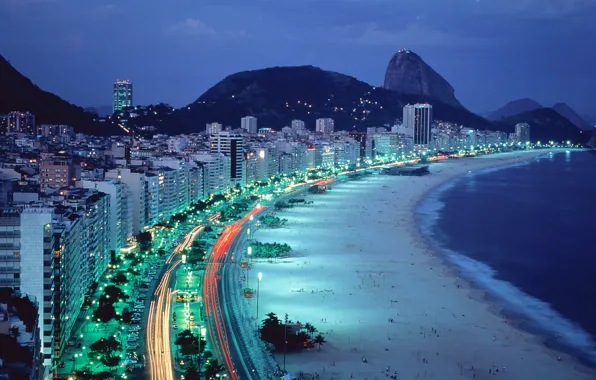 Пляж, огни, вечер, Рио-де-Жанейро
