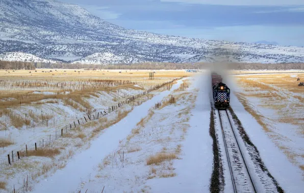 Снег, поезд, железная дорога
