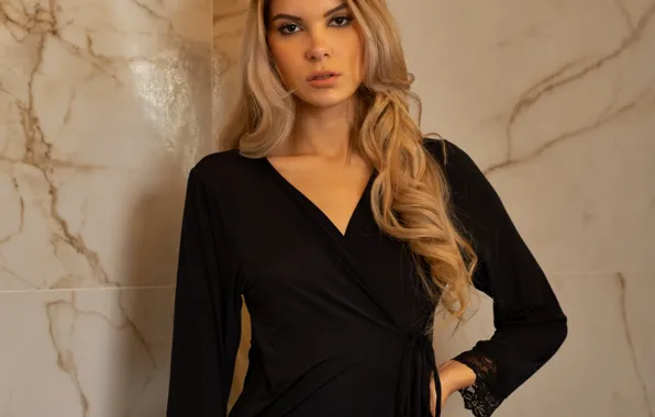 Wall, black, cleavage, blouse, woman, young, model, blonde