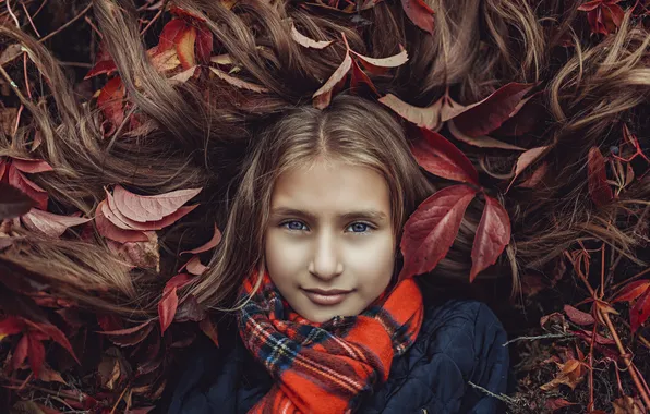 Осень, листья, волосы, Катя, children
