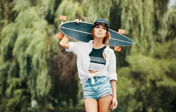 Girl, shorts, model, cap, cute, skateboard, shirt, tank top