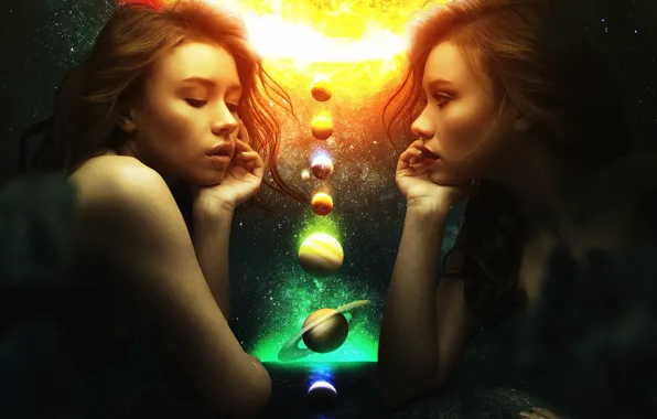 Girls, glow, cosmos, mood, planets, surreal, manipulation