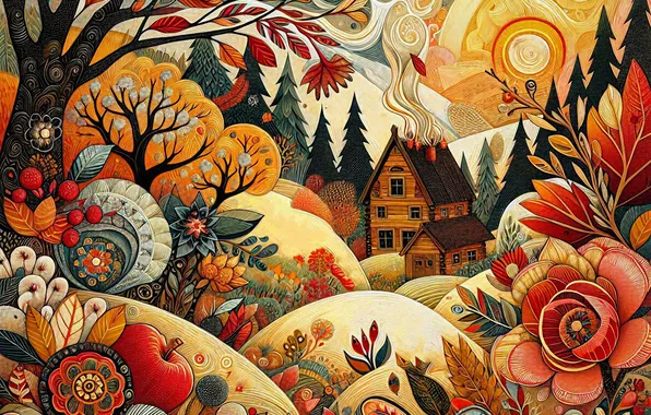Осень, солнце, деревья, цветы, холмы, узор, яблоки, стилизация