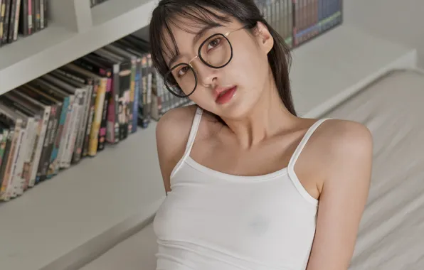 White, Asian, box, model, brunette, bed, glasses, t-shirt