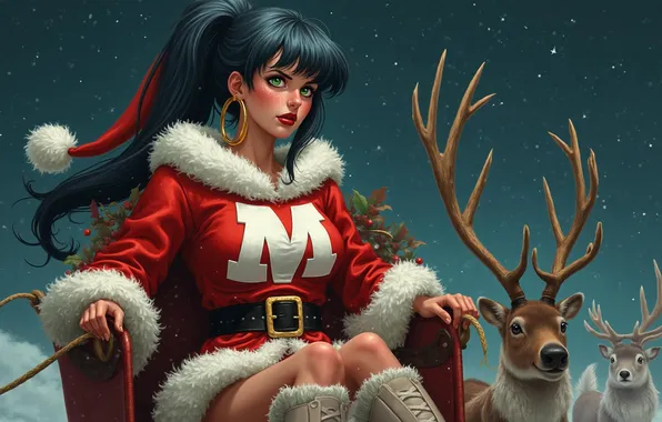Картинка New Year, brunette, reindeer, snow maiden