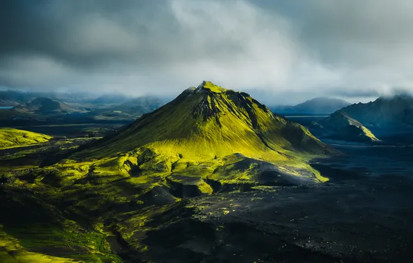 Картинка green, photography, landscape, nature, mountains, fog, Iceland, volcano