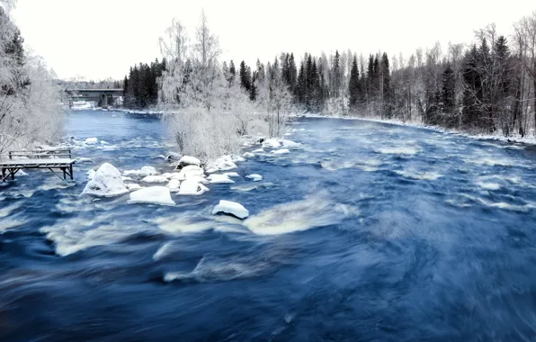 Картинка зима, мост, природа, река