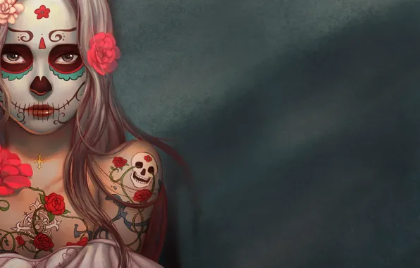 Картинка skull, girl, rose, minimalism, flowers, tattoo, digital art, artwork