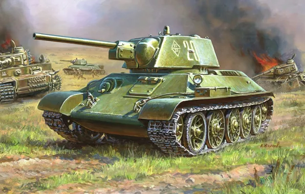 Картинка рисунок, танк, советский, средний, Т-34-76, Великая отечественная война