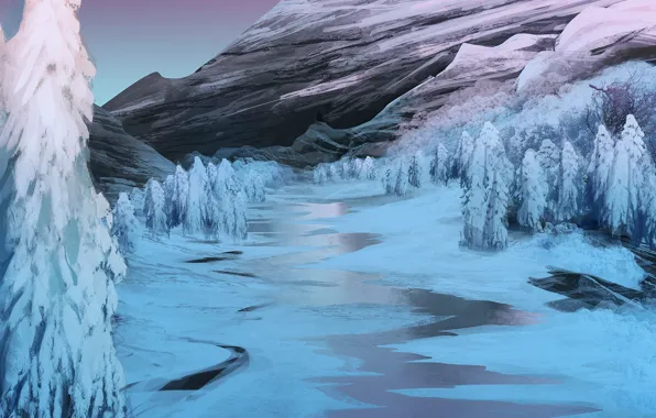 Картинка лед, зима, снег, деревья, горы, река, арт