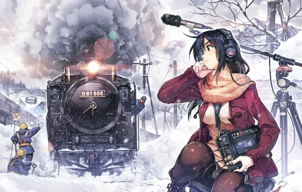Картинка зима, девушка, снег, люди, дым, поезд, аниме, наушники