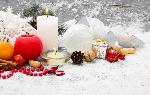 Снег, украшения, елка, свечи, Новый Год, Рождество, подарки, Christmas