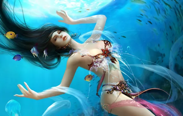Море, рыбы, русалка, фэнтези, fantasy, подводный мир, mermaid, GBrush