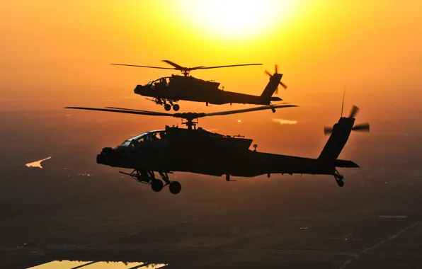 Картинка небо, вода, солнце, земля, боевые, вертолёты, AH-64, ВС США
