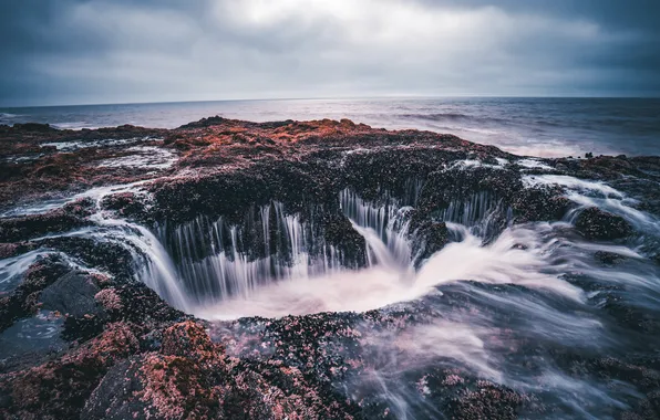 Море, облака, камни, пасмурно, скалы, берег, водопад, ворока