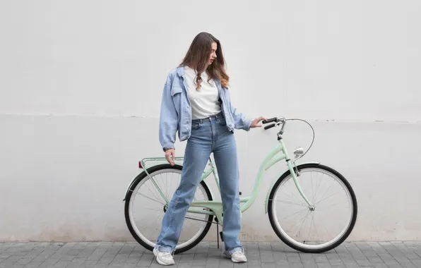 Bike, woman, outdoors, holding, handlebars