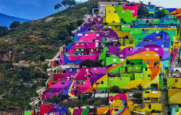 Картинка краски, гора, дома, Мексика, квартал, Идальго, Пачука-де-Сото