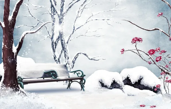 Картинка зима, снег, цветы, рисунок, розы, скамья