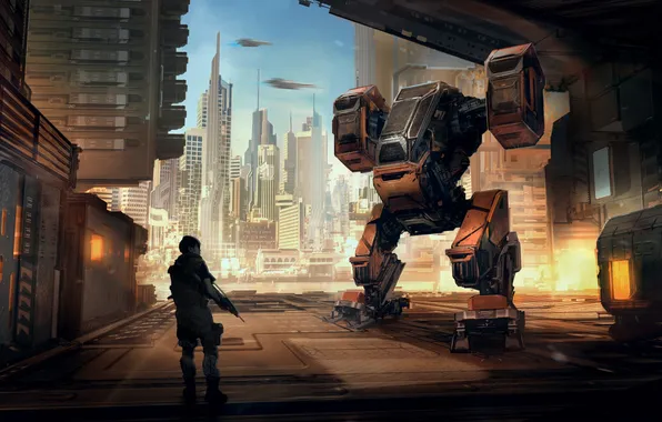Картинка город, человек, робот, небоскребы, порт, охрана, погрузчик