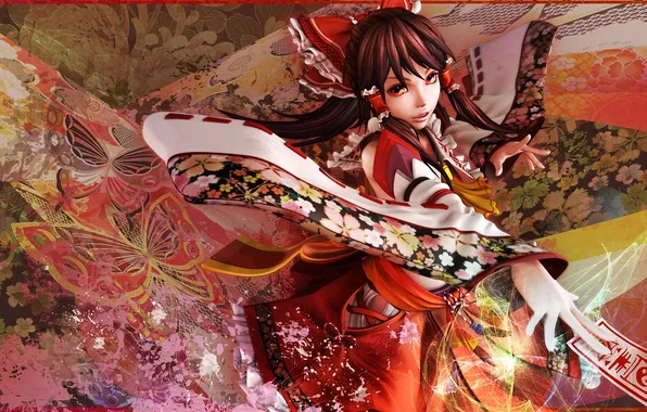 Картинка девушка, бабочки, абстракция, иероглифы, кимоно, бант, touhou, карточка