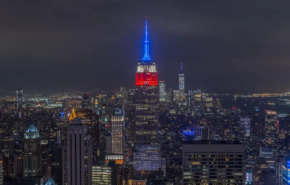 Здания, Нью-Йорк, панорама, ночной город, Манхэттен, небоскрёбы, Manhattan, New York City