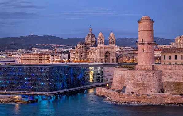 Картинка море, здания, башня, собор, форт, крепость, France, Marseille