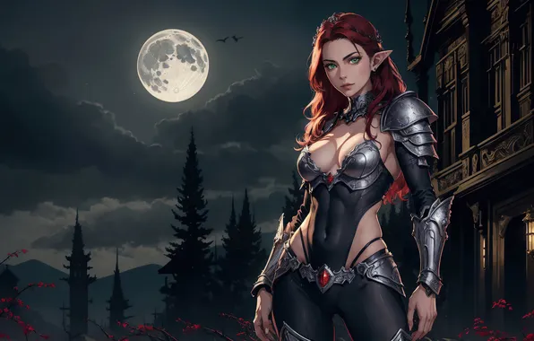 Girl, moon, fantasy, armor, red hair, green eyes, nature, art