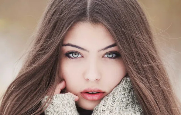 Картинка touching face, brunette, blue eyes, long hair, Jovana Rikalo, photo, looking at viewer, face