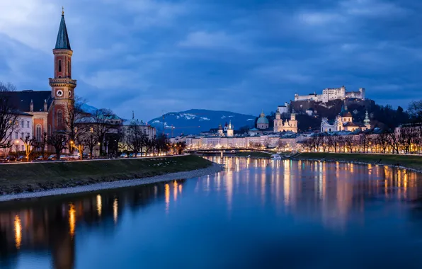 River, morning, sunrise, Salzburg, churxh