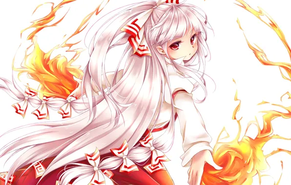Fire, flame, girl, anime, red eyes, pretty, Touhou, japanese