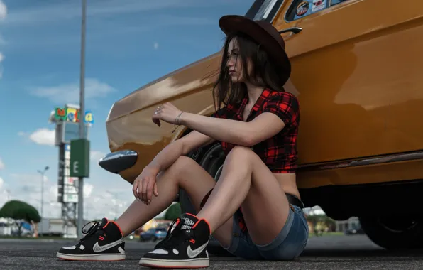 Sky, clouds, model, street, nike, women, brunette, sitting