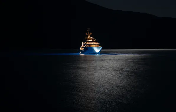 Море, ночь, огни, яхта, супер, мега, горы., super yacht