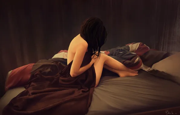 Картинка девушка, арт, постель, одеяло, спиной, сидя