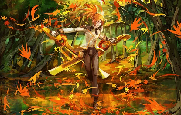 Картинка girl, orange, leaf, blades
