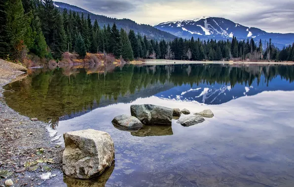 Картинка лес, вода, горы, озеро, отражение, камни, берег, Канада