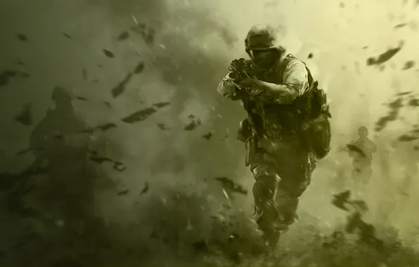Картинка оружие, солдат, call of duty, зеленый фон, спецназ, cod, modern warfare