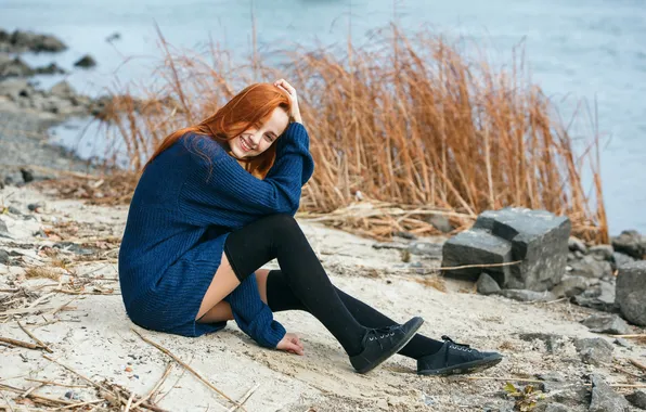 Девушка, river, nature, model, redhead, smiling, outdoors, thigh-highs