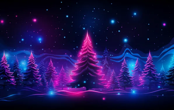 Зима, лес, снег, ночь, огни, темнота, сияние, темный фон