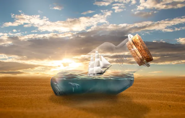 Картинка рендеринг, мир в бутылке, акула, стекло, корабль, берег, судно, песок