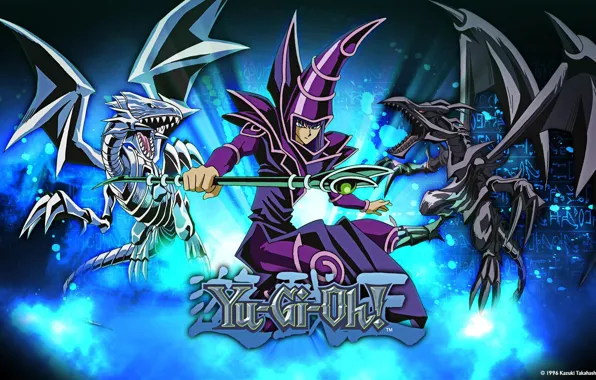 Картинка red eyed dragon, blue eyed dragob, Dark Magician, Yugioh