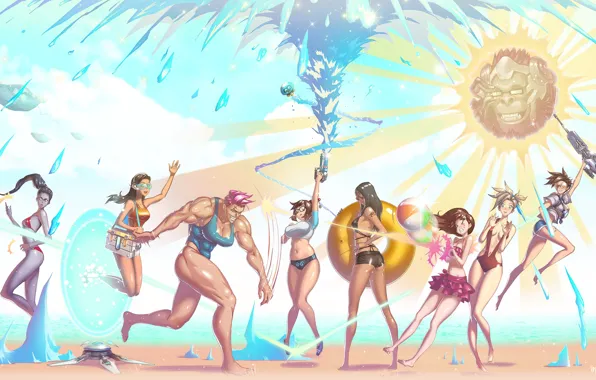 Картинка пляж, купальник, лето, вода, девушки, Mei, Overwatch, Tracer
