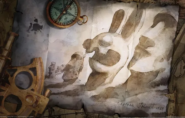 Картинка карта, кролики, остров Пасхи, кляксы, компас, чернила, штурвал, map