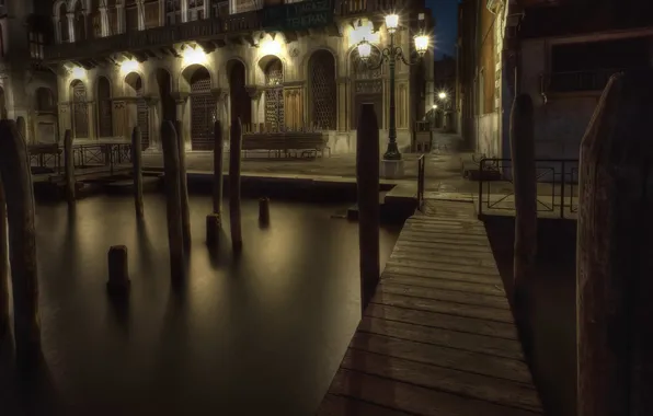 Вода, ночь, улица, фонарь, Венеция
