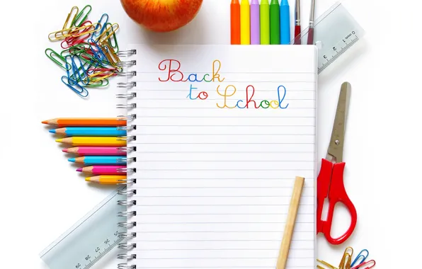 Картинка яблоко, карандаши, блокнот, школа, ножницы, канцелярия