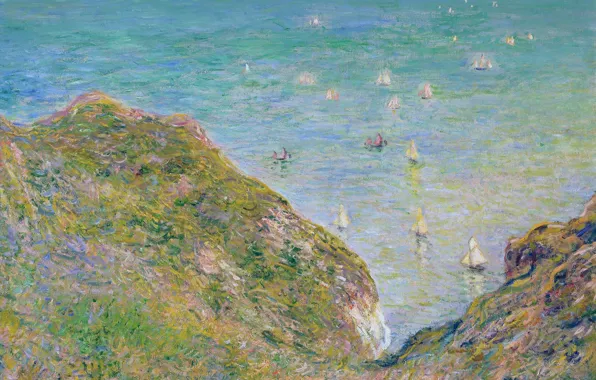 Море, пейзаж, картина, лодки, Клод Моне, Вид со Скалы в Пурвиле. Ясная Погода