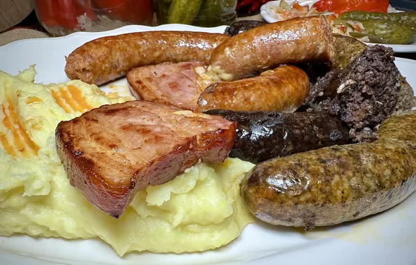 Sausage, mashed potatoes, bacon